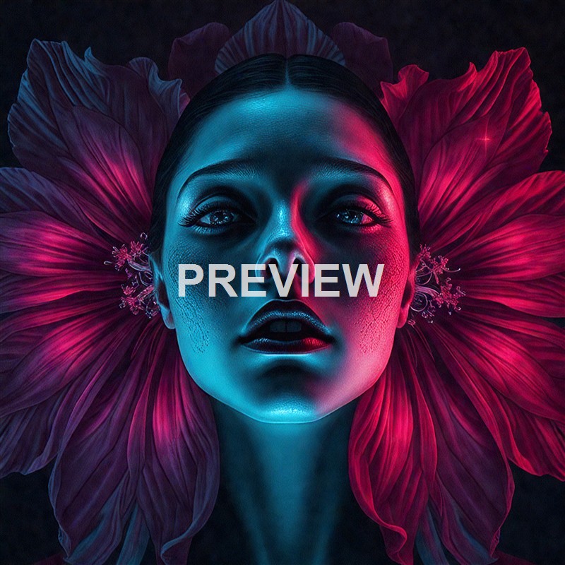 A digital artwork of a woman's face with glowing makeup, set against a background of large, vibrant pink and purple flower petals.